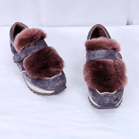 Ekonika Gray Suede‎ Platform Sneakers Women's Size 6 36 Fur Trim Hook Loop Strap - Picture 3 of 12